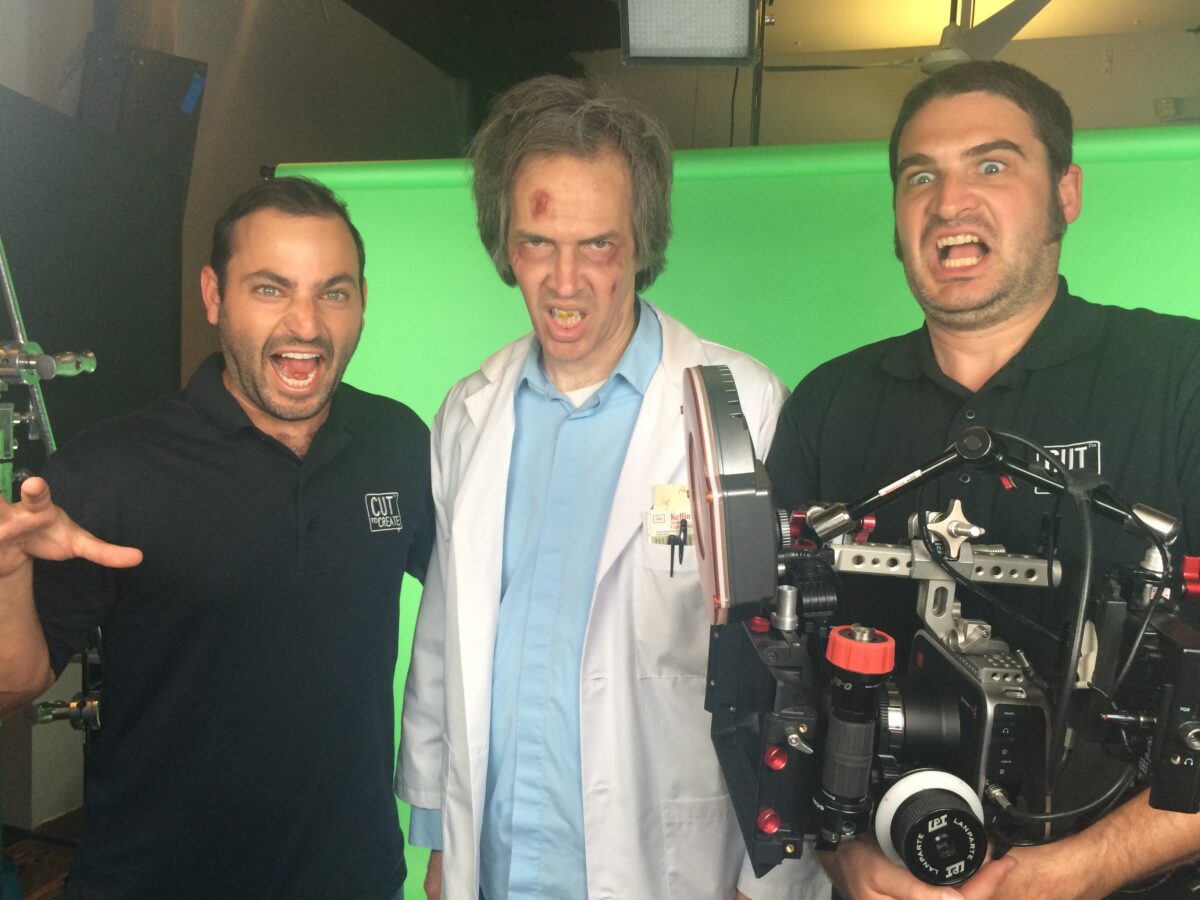 Behind the scenes on Cut To Create's video production shoot for Virtuix utilizing a green screen featuring Cinematographer Robert Neilson and Director Zach Jankovic