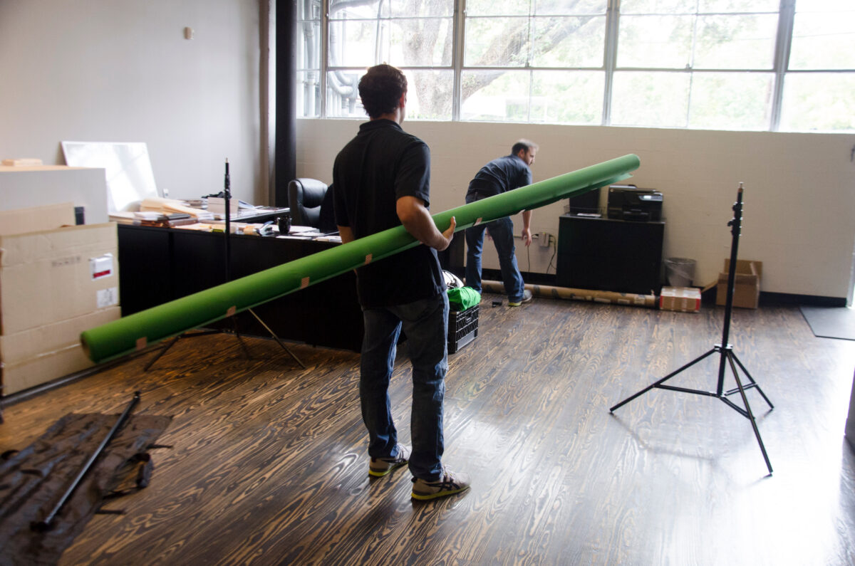 Behind the scenes on Cut To Create's video production shoot for Virtuix utilizing a green screen