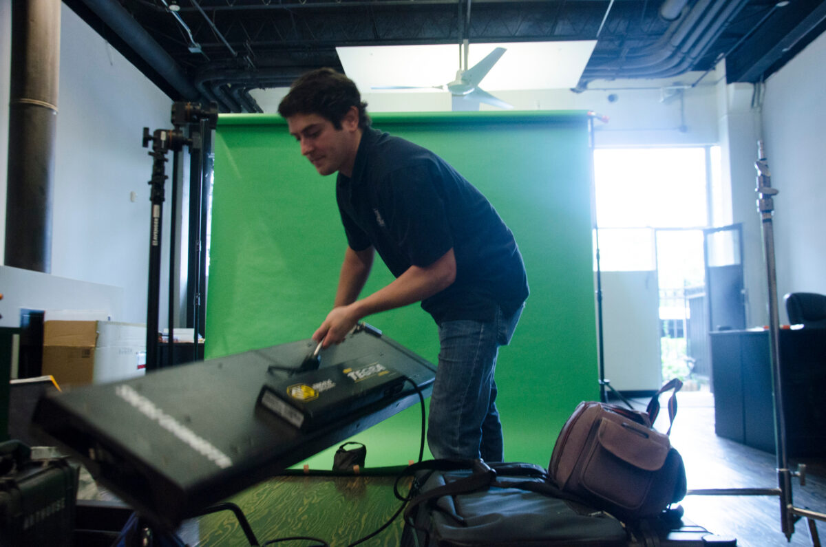 Behind the scenes on Cut To Create's video production shoot for Virtuix utilizing a green screen
