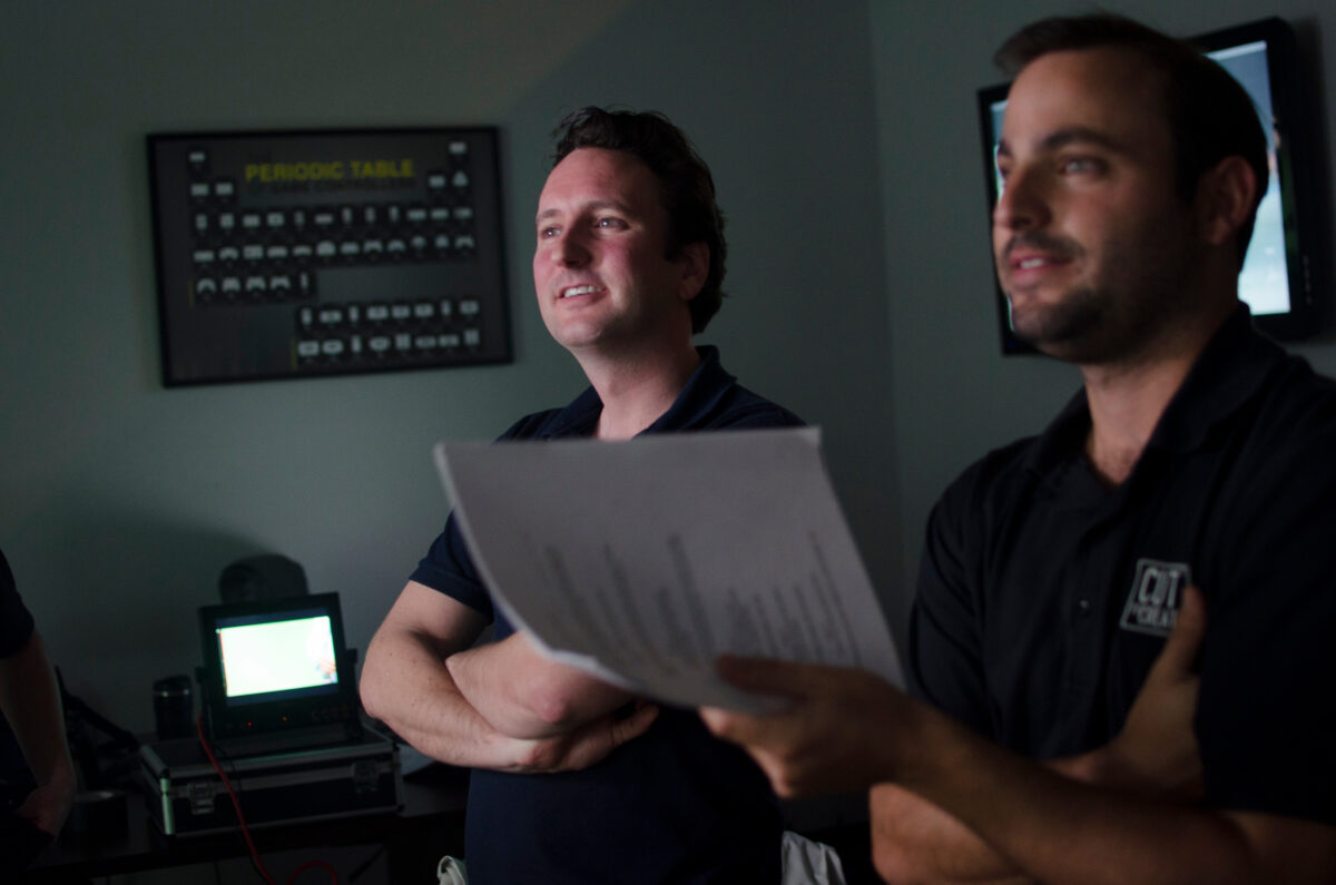 Behind the scenes on Cut To Create's video production shoot for Virtuix utilizing a green screen