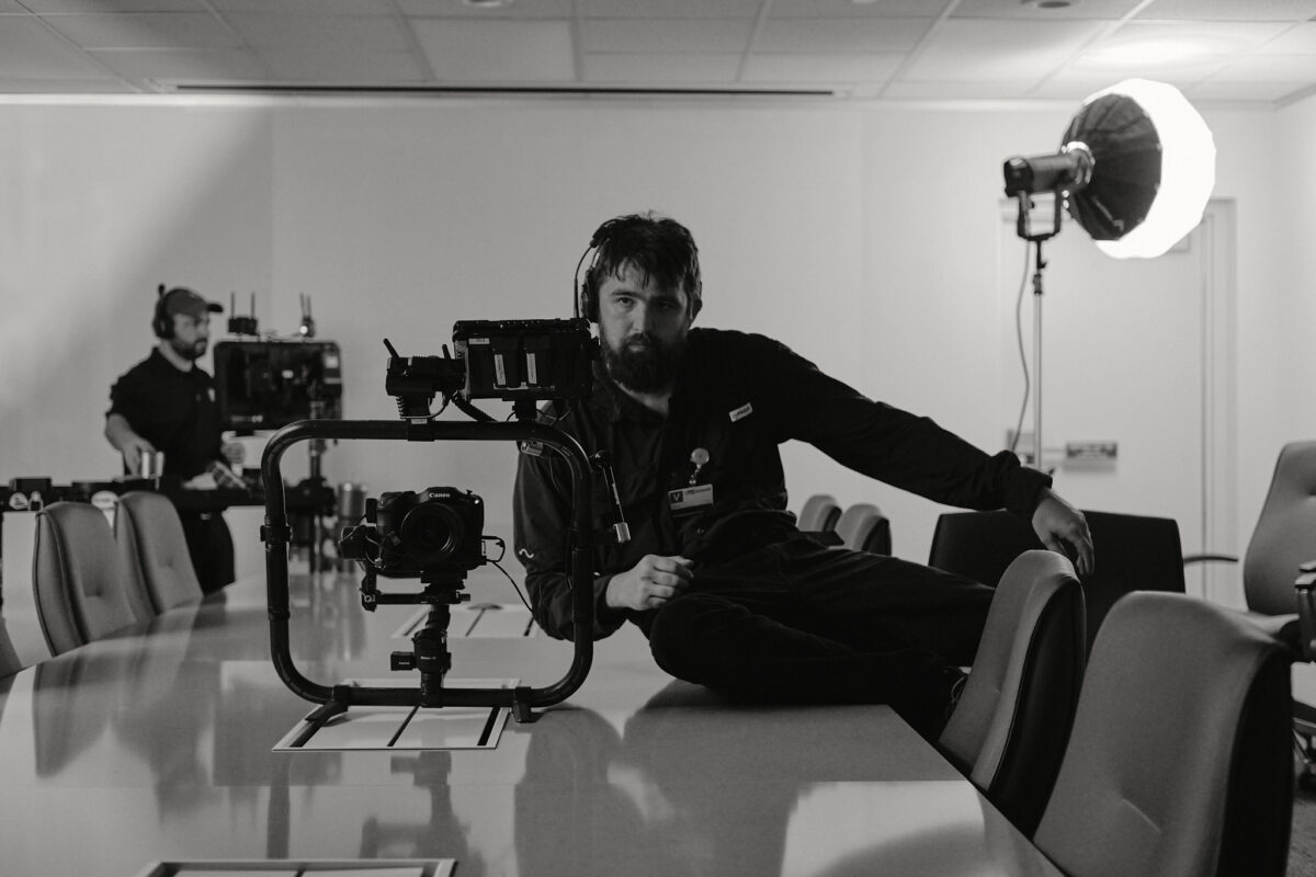 Behind the scenes at Cut To Create's video production shoot in Marengo, IL and Houston, TX for Mitsubishi Logisnext and UniCarriers.