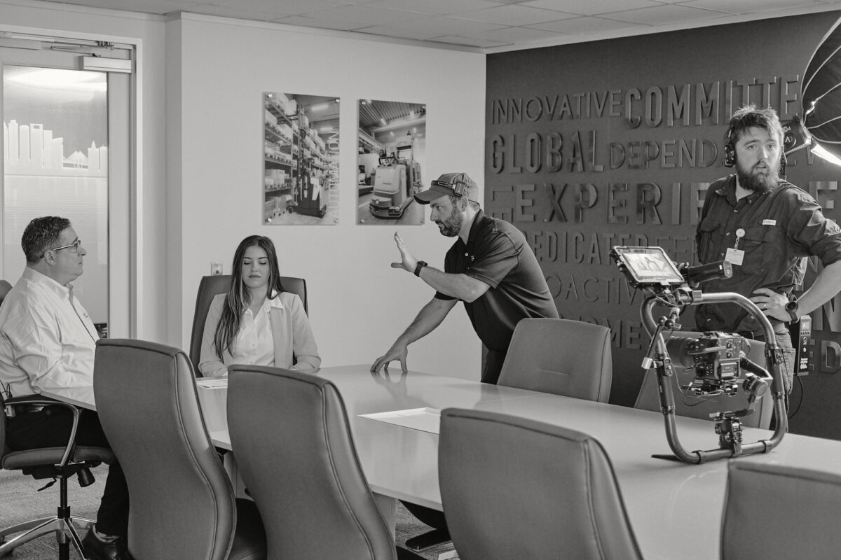 Behind the scenes at Cut To Create's video production shoot in Marengo, IL and Houston, TX for Mitsubishi Logisnext and UniCarriers.