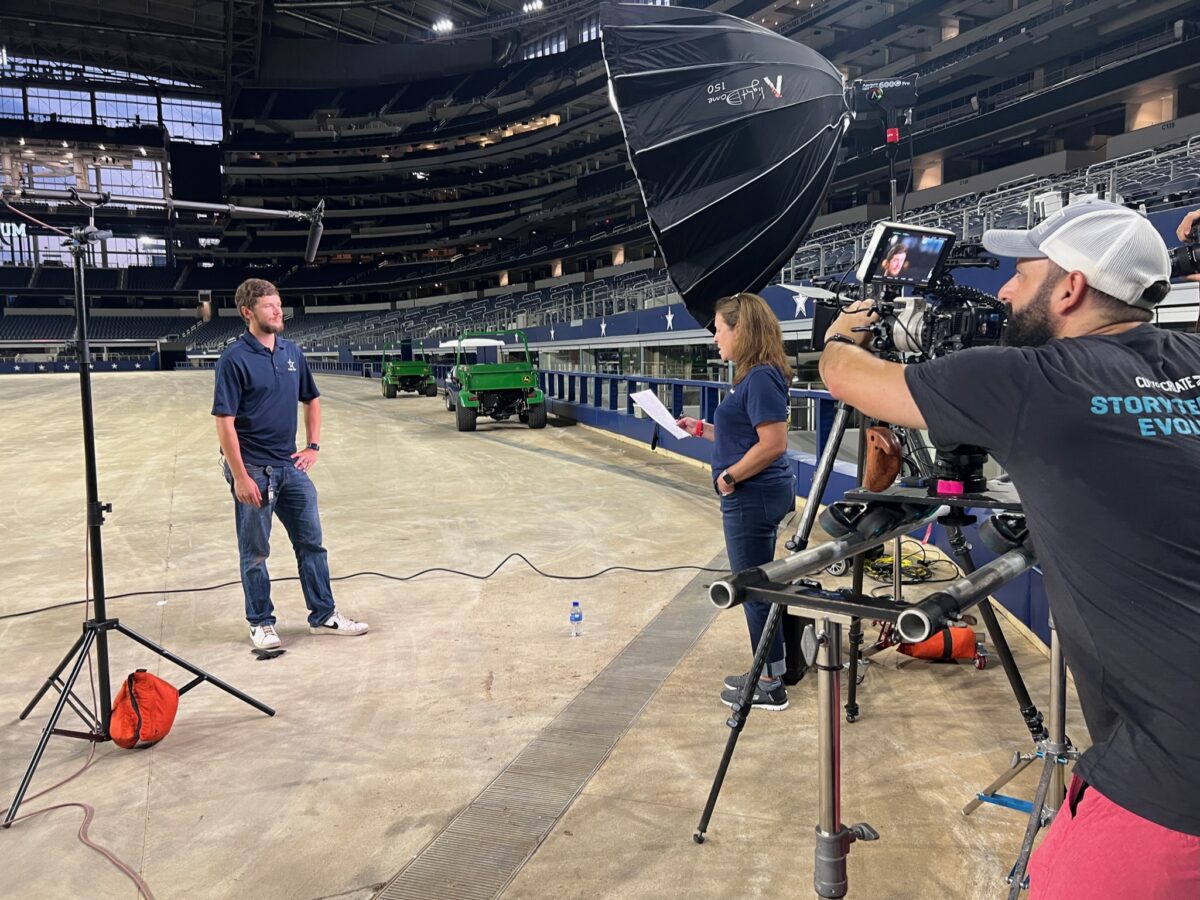 Behind the scenes at Cut to Create's video production shoot for Mitsubishi Logisnext featuring the Dallas Cowboys and how they use Jungheinrich and Cat Lift Trucks.