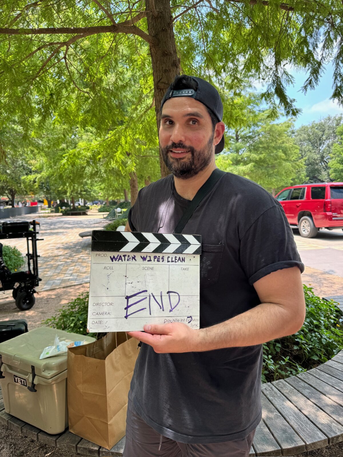 Producer, Danny Beaser, feeling relieved after a long shoot for WaterWipes