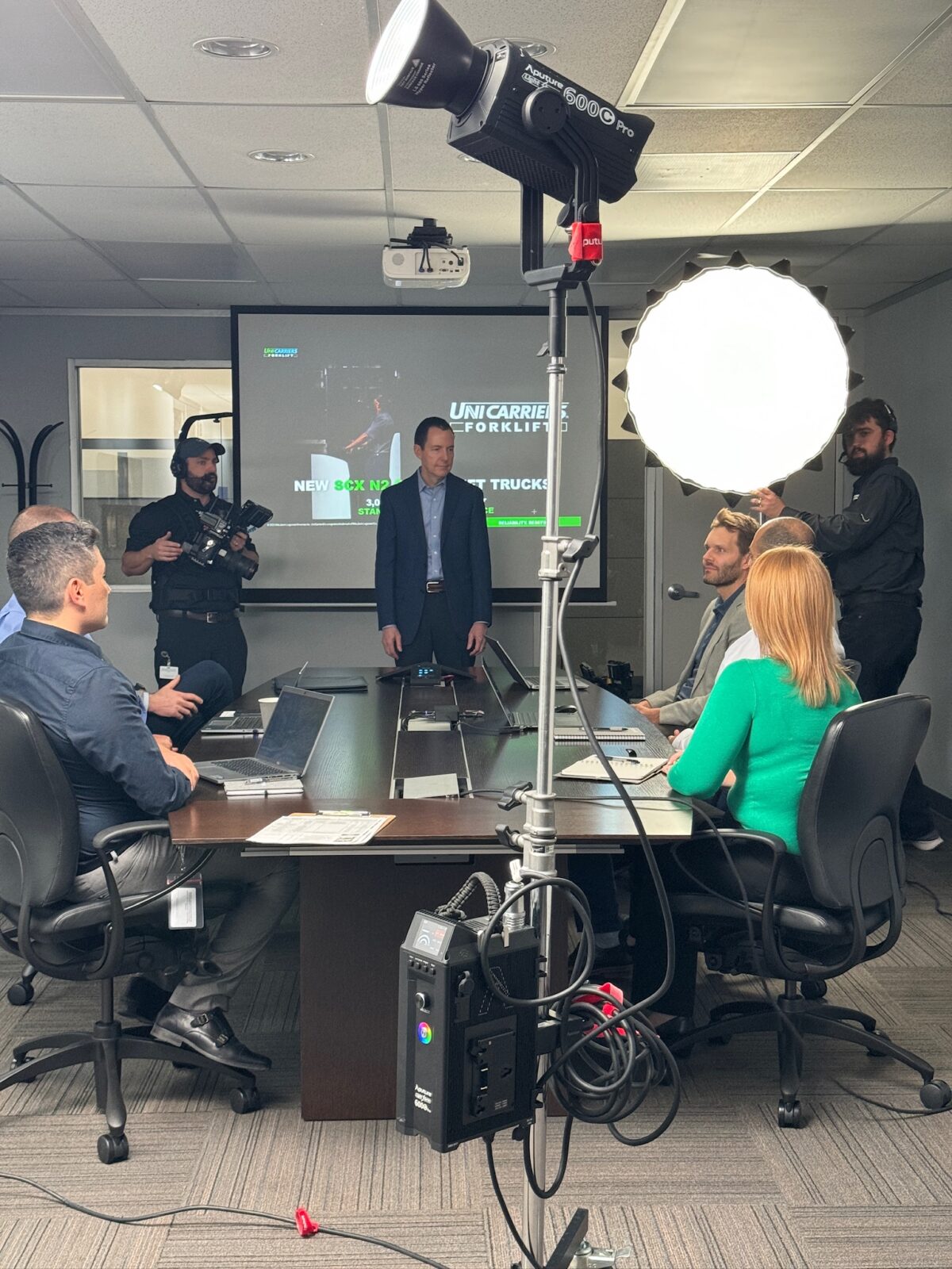 Behind the scenes at Cut To Create's video production shoot in Marengo, IL and Houston, TX for Mitsubishi Logisnext and UniCarriers.
