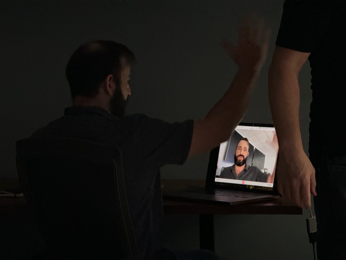 Behind the scenes for a video production shoot for Mitsubishi Logisnext featuring their Jungheinrich Turret Truck