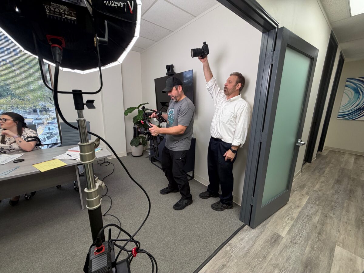 Film crew capturing legal office b-roll for Funk Law Group