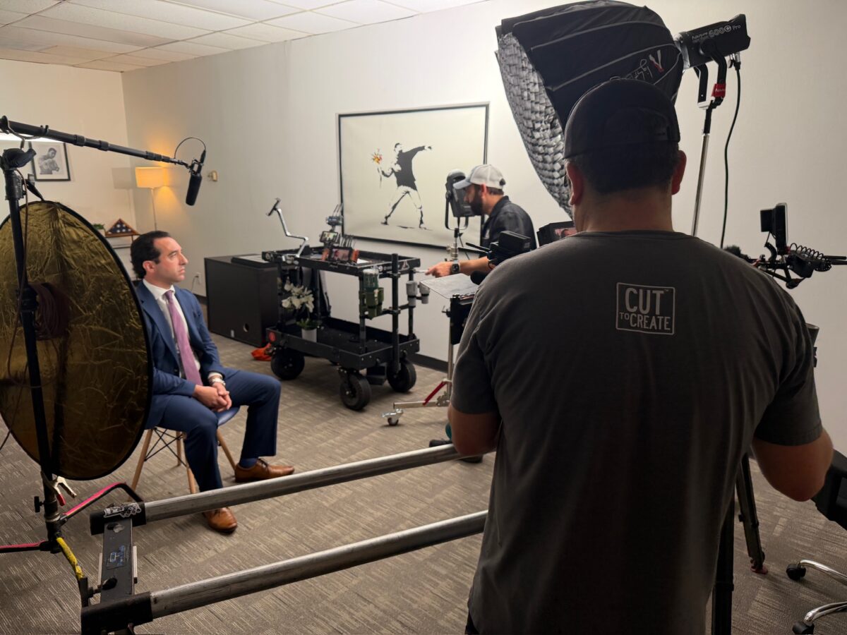 Cut To Create crew filming Adam Funk for Funk Law Group brand video