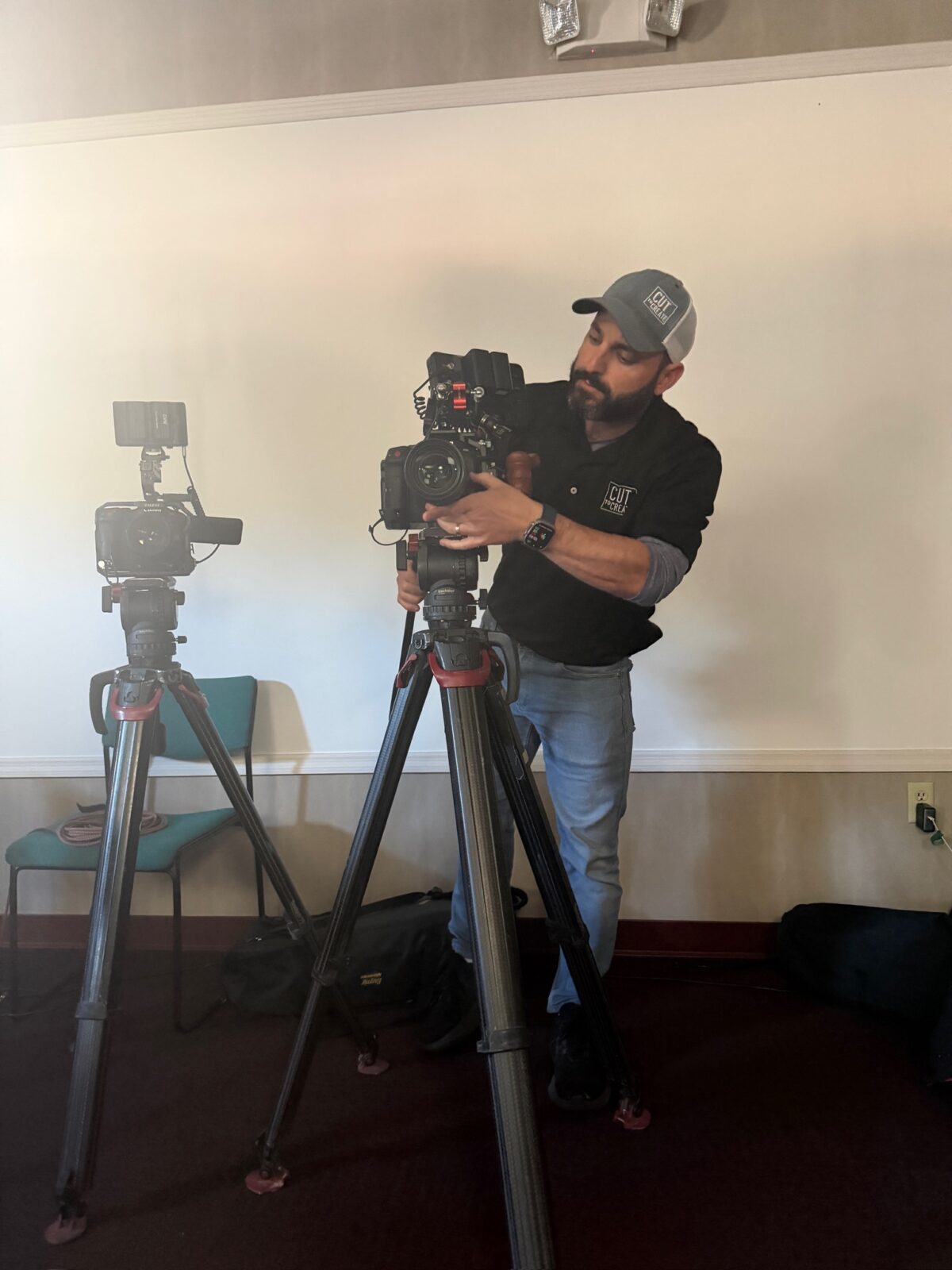 Behind the scenes on Cut To Create's client testimonial shoot for Logisnext and Cat Lift Trucks in Athens, GA