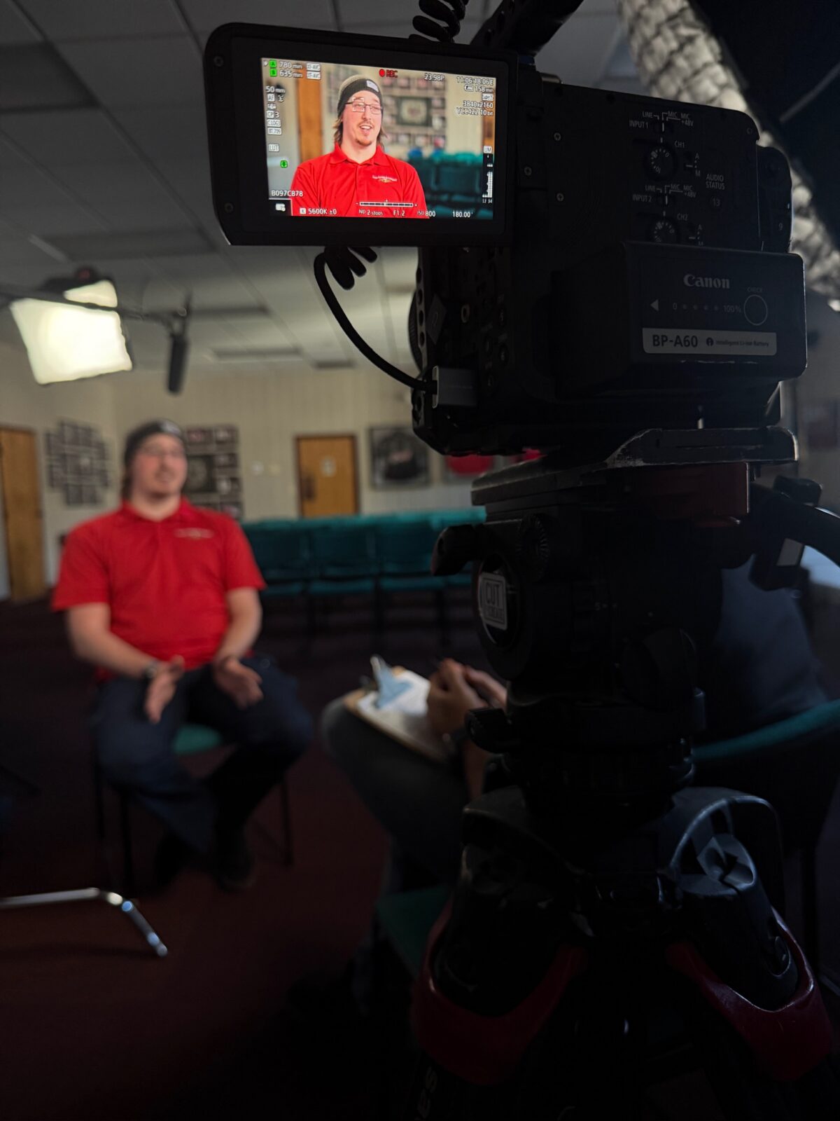 Behind the scenes on Cut To Create's client testimonial shoot for Logisnext and Cat Lift Trucks in Athens, GA