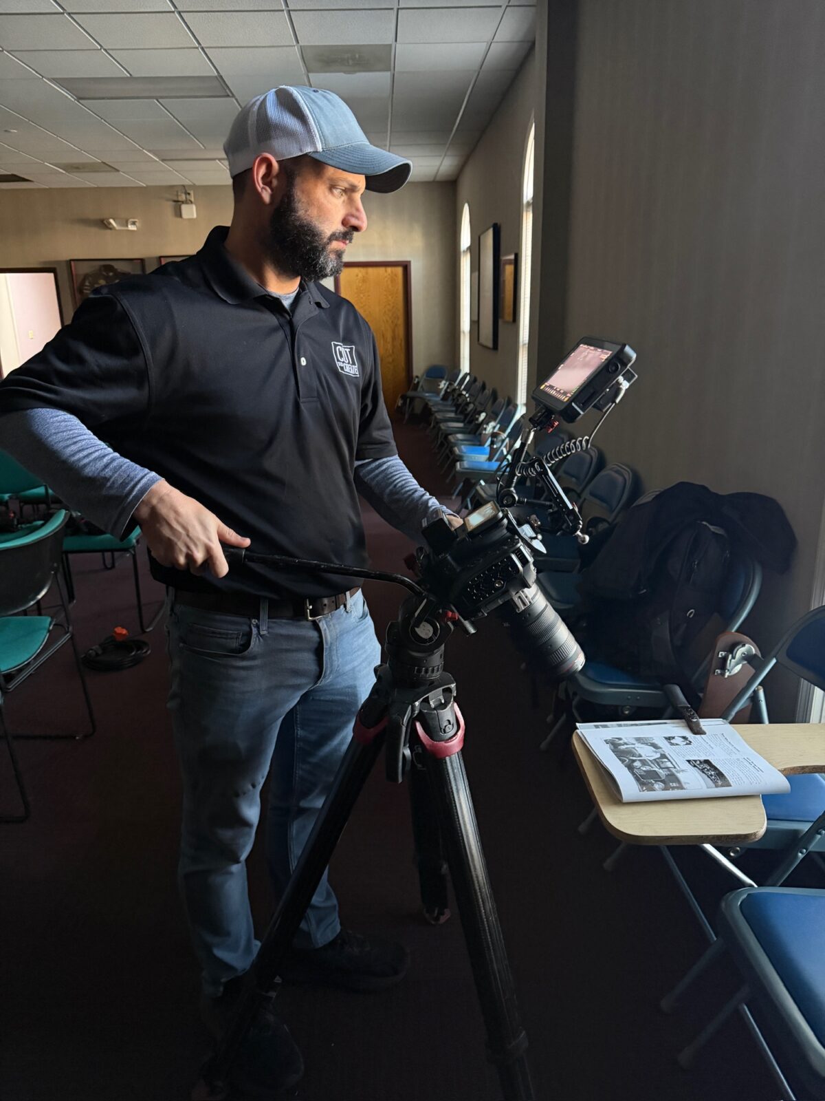 Behind the scenes on Cut To Create's client testimonial shoot for Logisnext and Cat Lift Trucks in Athens, GA