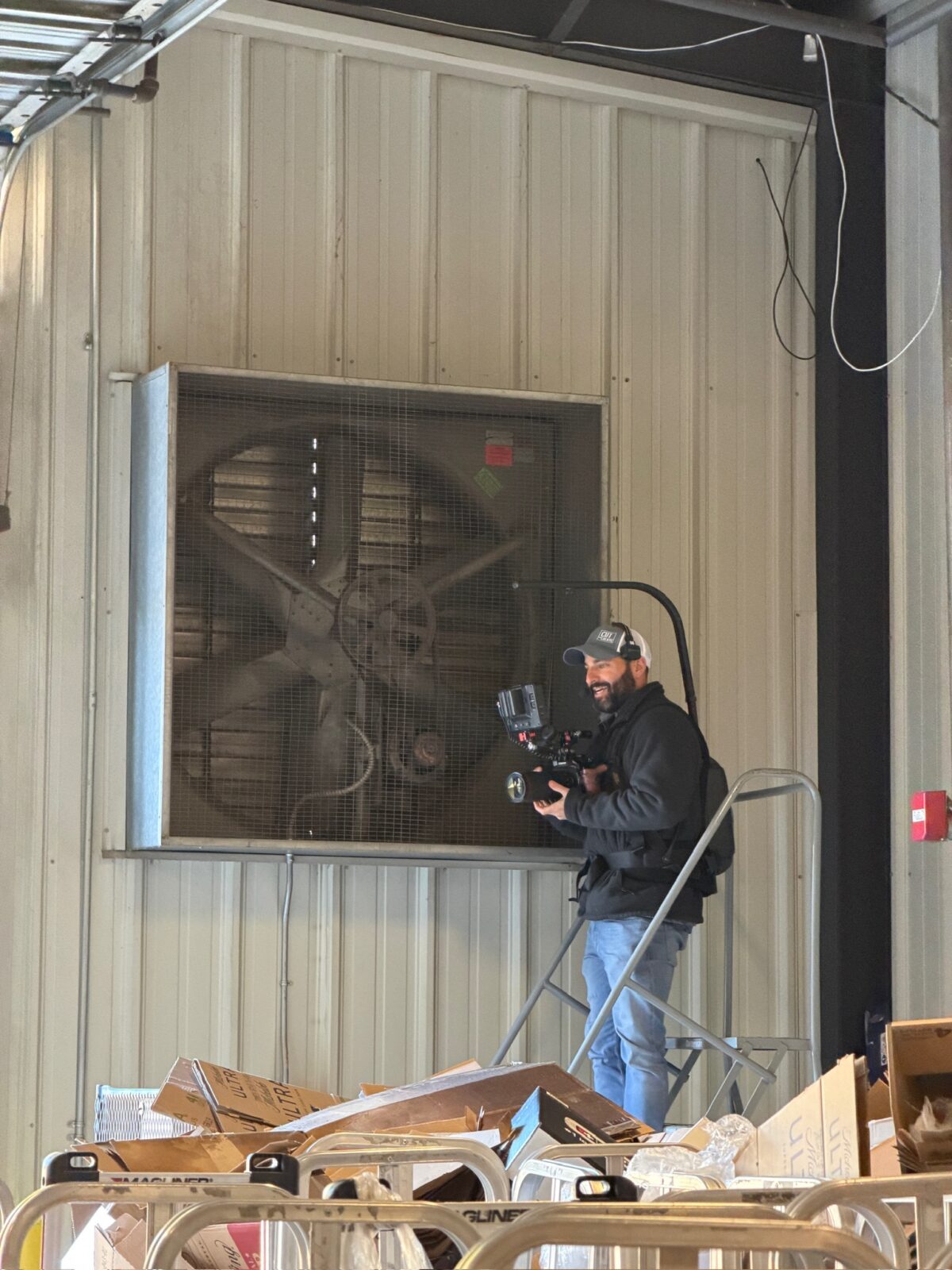 Behind the scenes on Cut To Create's client testimonial shoot for Logisnext and Cat Lift Trucks in Athens, GA