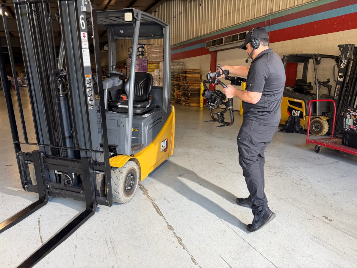 Behind the scenes on Cut To Create's client testimonial shoot for Logisnext and Cat Lift Trucks in Athens, GA