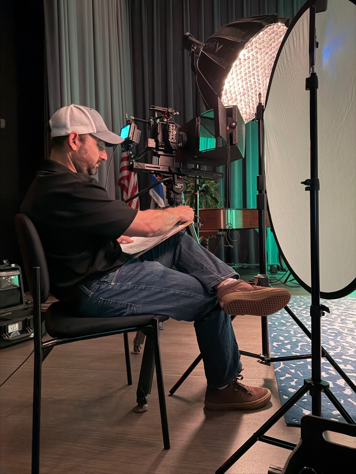 Setting up a multiple camera interview for Holocaust Museum Houston