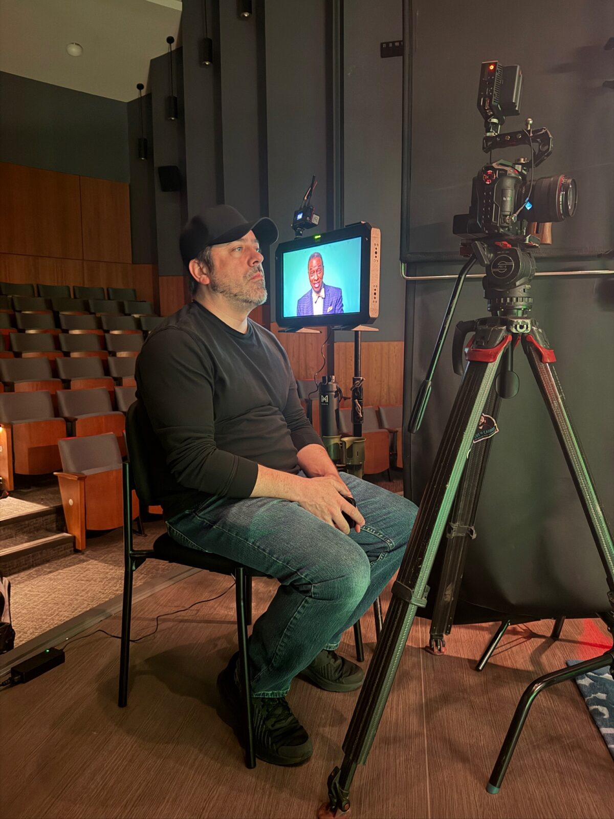 Setting up a multiple camera interview for Holocaust Museum Houston