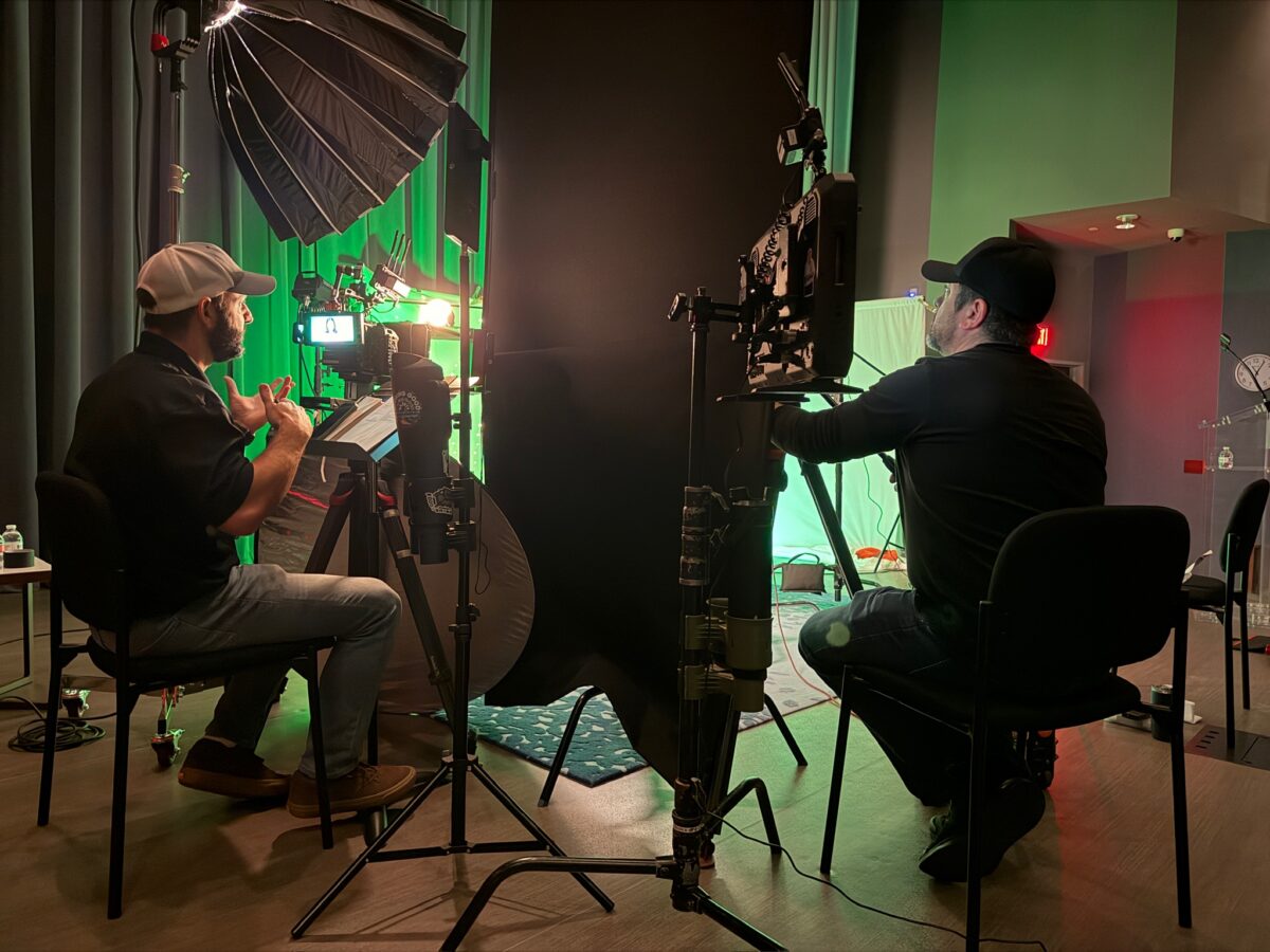 Setting up a multiple camera interview for Holocaust Museum Houston