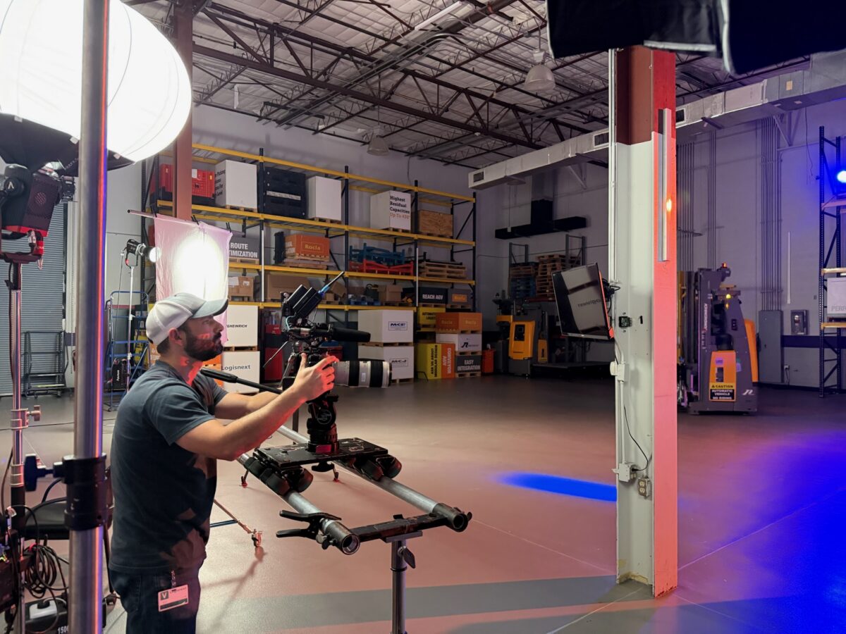 Behind the scenes on Cut To Create's video for Logisnext Jungheinrich Rockrich and Rocla for a video loop to be played at Modex