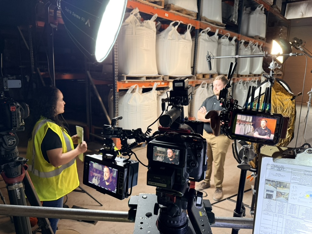 Behind the scenes of Cut To Create's video production shoot for Logisnext and CAT Lift Trucks featuring Bilco Brick in Lancaster, TX