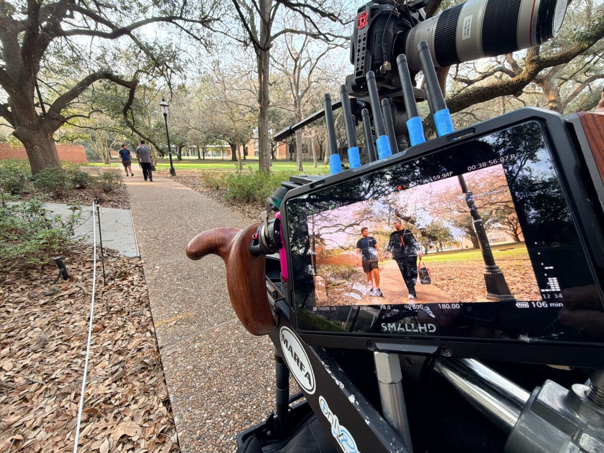A preview monitor showing a wide-angle shot of two people walking on a sun-drenched path, their figures framed by lush greenery and the inviting expanse of the open sky.