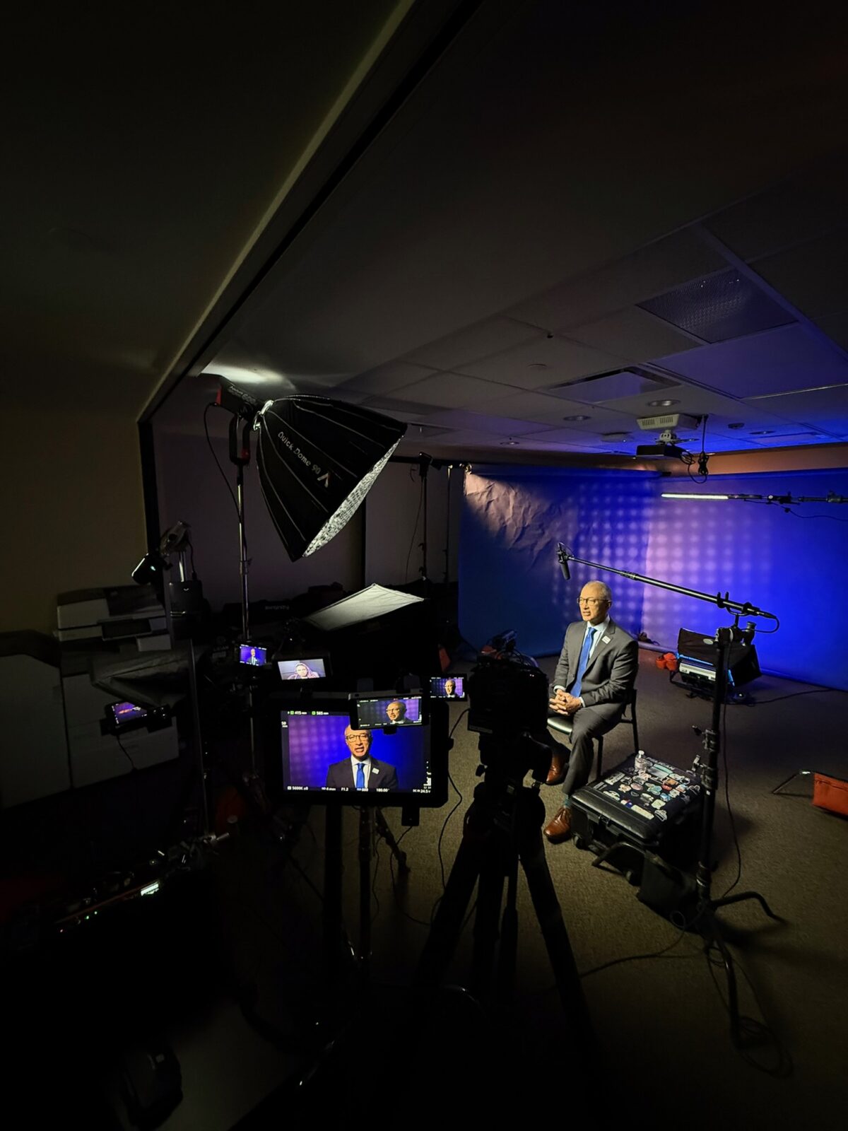 Behind the scenes of Cut To Create's interview set up with Harris Health System CEO at Ben Taub Hospital in Houston, Texas