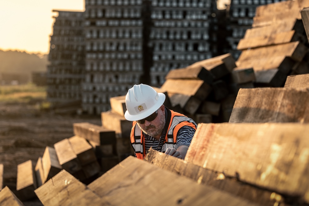 A worker in a hard hat inspects a piece of timber on a large unstacked pile.