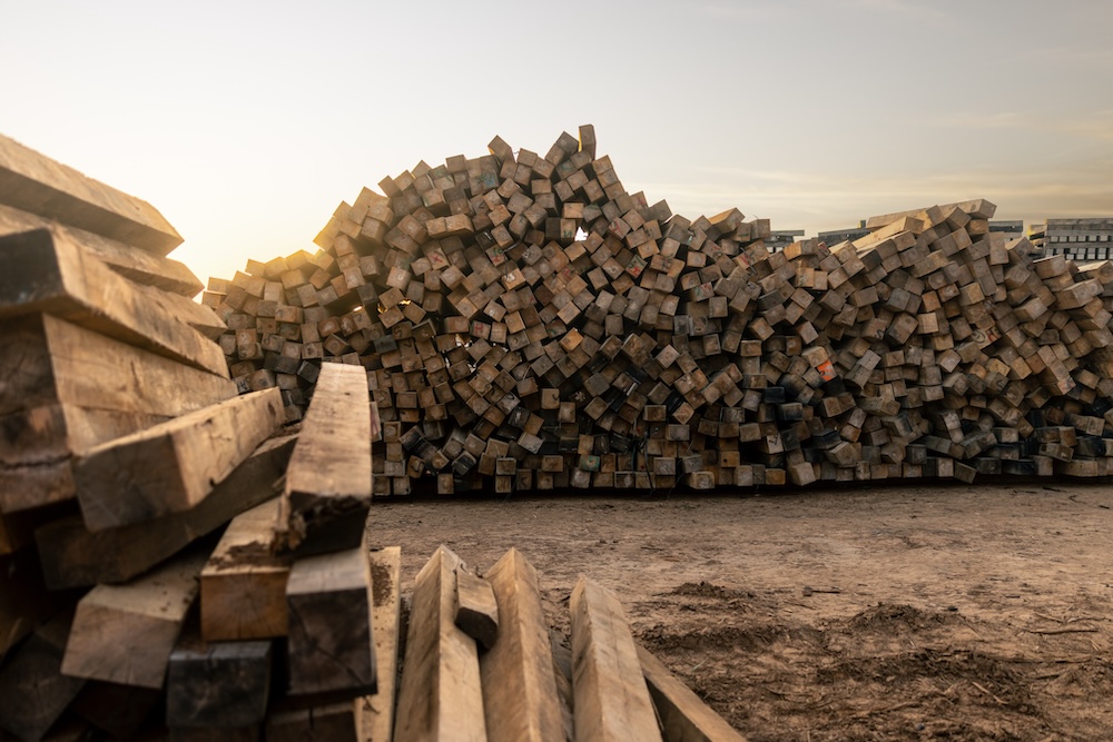 The sun sets behind a pile of unstacked timber.