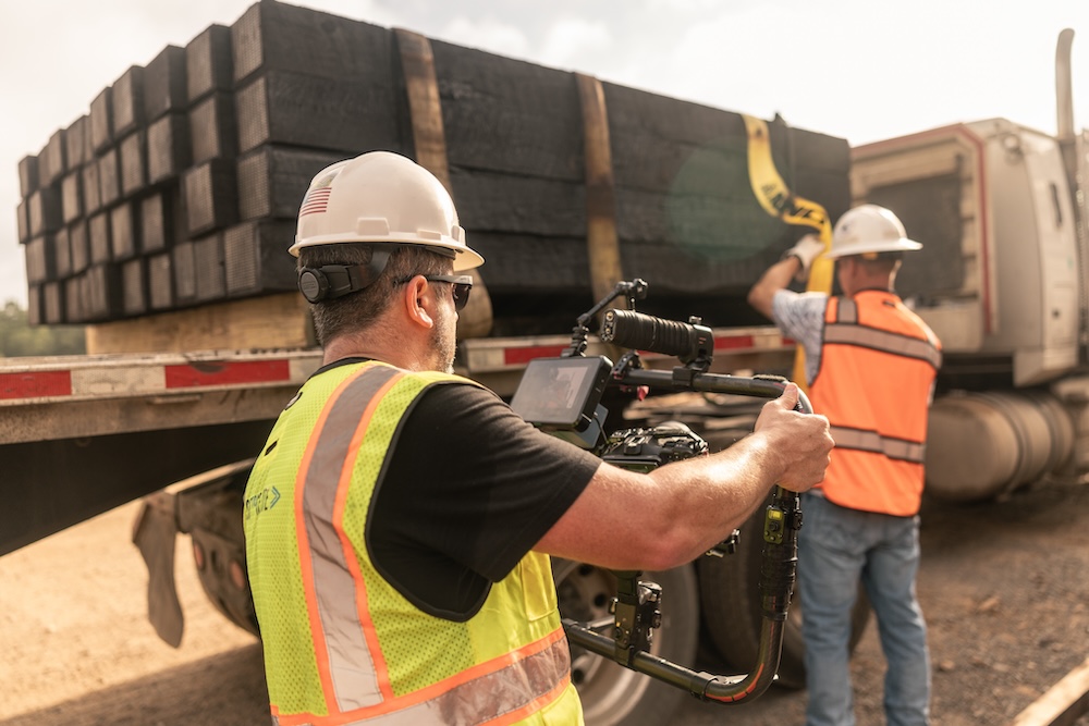 A camera operator in safety gear films another man in safety gear who is loading timber onto the truck bed of a semi.